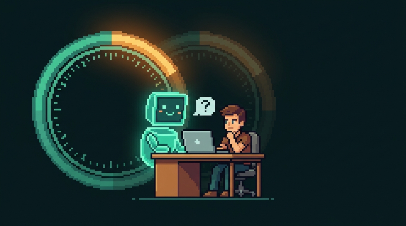 A coach interviewing a developer, with an AI-native score gauge rising before and after