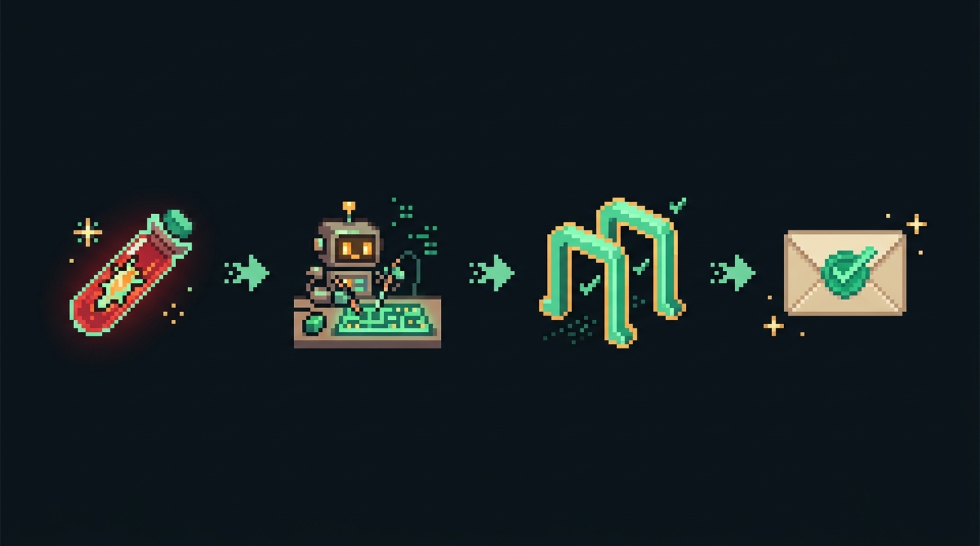 A failing test for a bug becomes a fix at a bench, passes green gates, and ships as a sealed PR