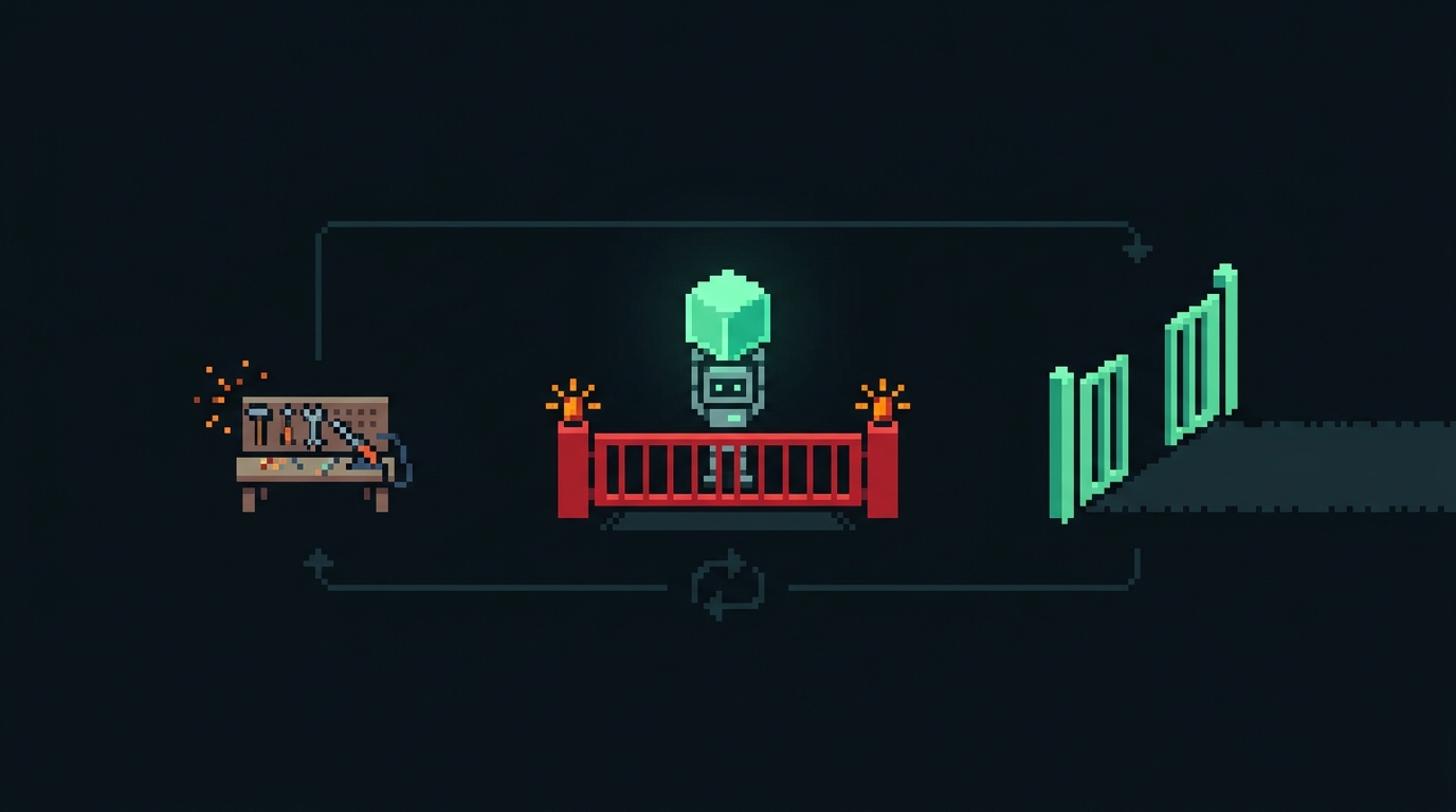 A robot carrying code is stopped by a red gate, repairs it at a bench, then passes a green gate