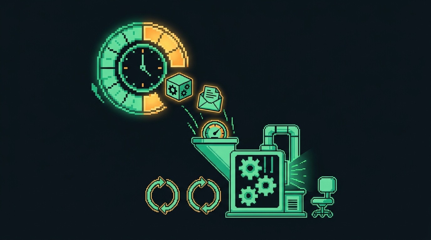 A weekly calendar wheel drops recurring tasks into an automation machine beside an empty chair