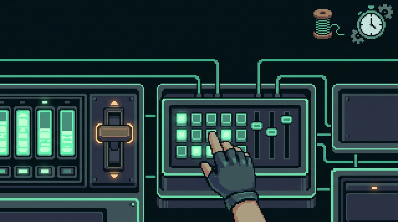 A calm scheduling console with active job lights and a stop lever switching one job off